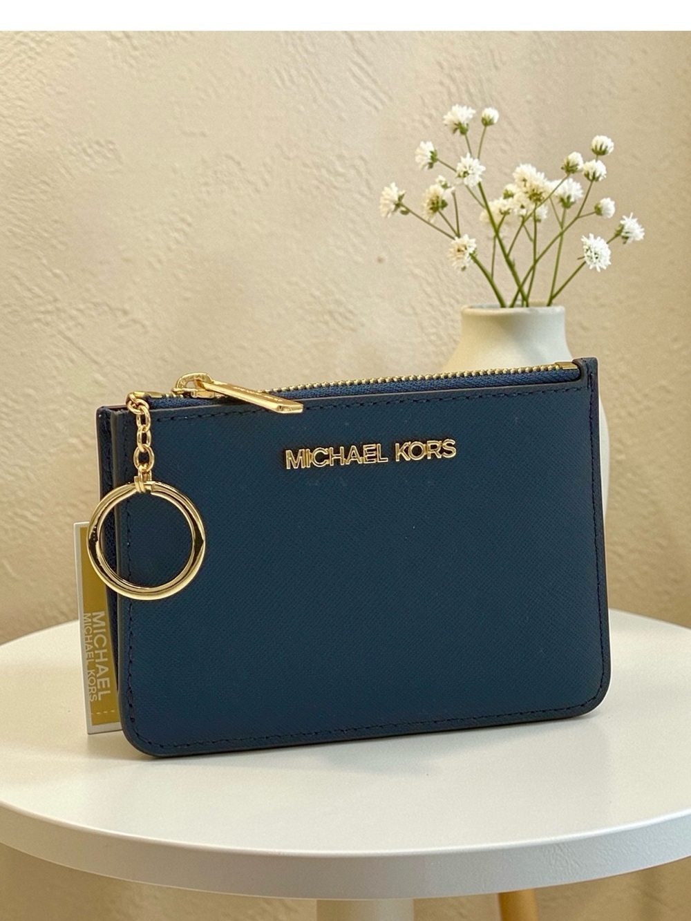Michael Kors Dark Blue Saffiano Zip Key Card Case